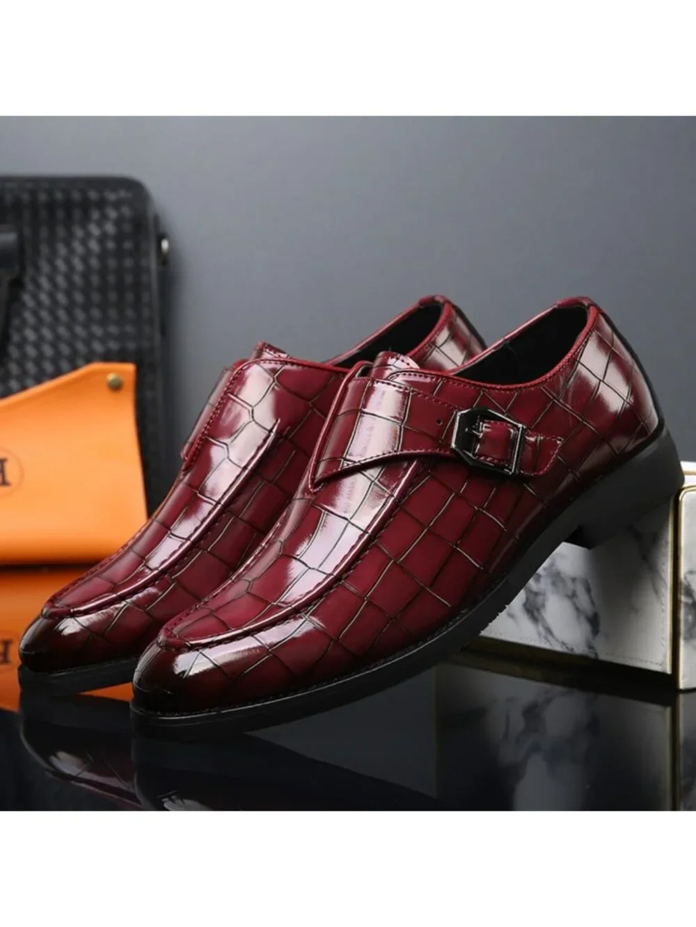 Men's Red Monk Strap Dress Loafer Shoes Retro Leather Oxfords Shoes
